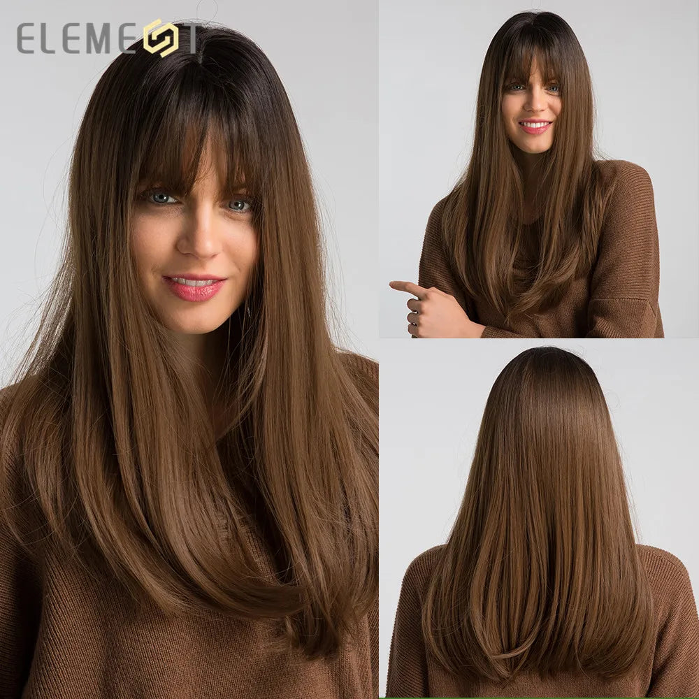 Long Straight Synthetic Hair With Bangs Women Wig 20 Inches