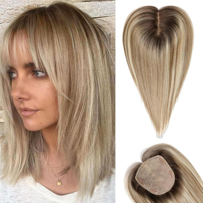 Hair Toppers for Women Real Human Hair 5"*5.5"Large Coverage Brown with Blond Highlight Hair Topper No Bangs