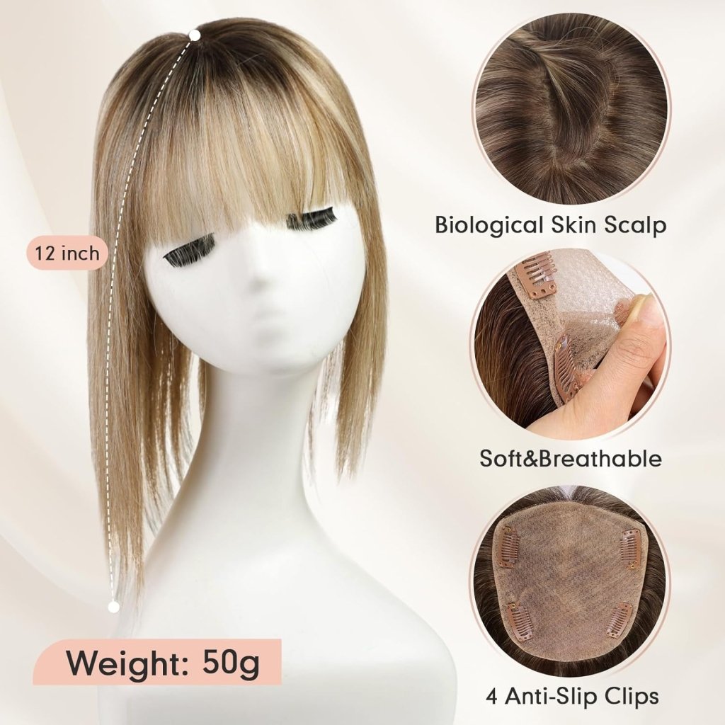 Hair Toppers for Women Real Human Hair 5"*5.5"Large Coverage Brown with Blond Highlight Hair Topper No Bangs