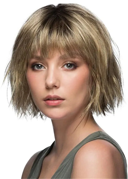 Short Bob Style Choppy Synthetic Hair Natural Straight Women Wig 12 Inches