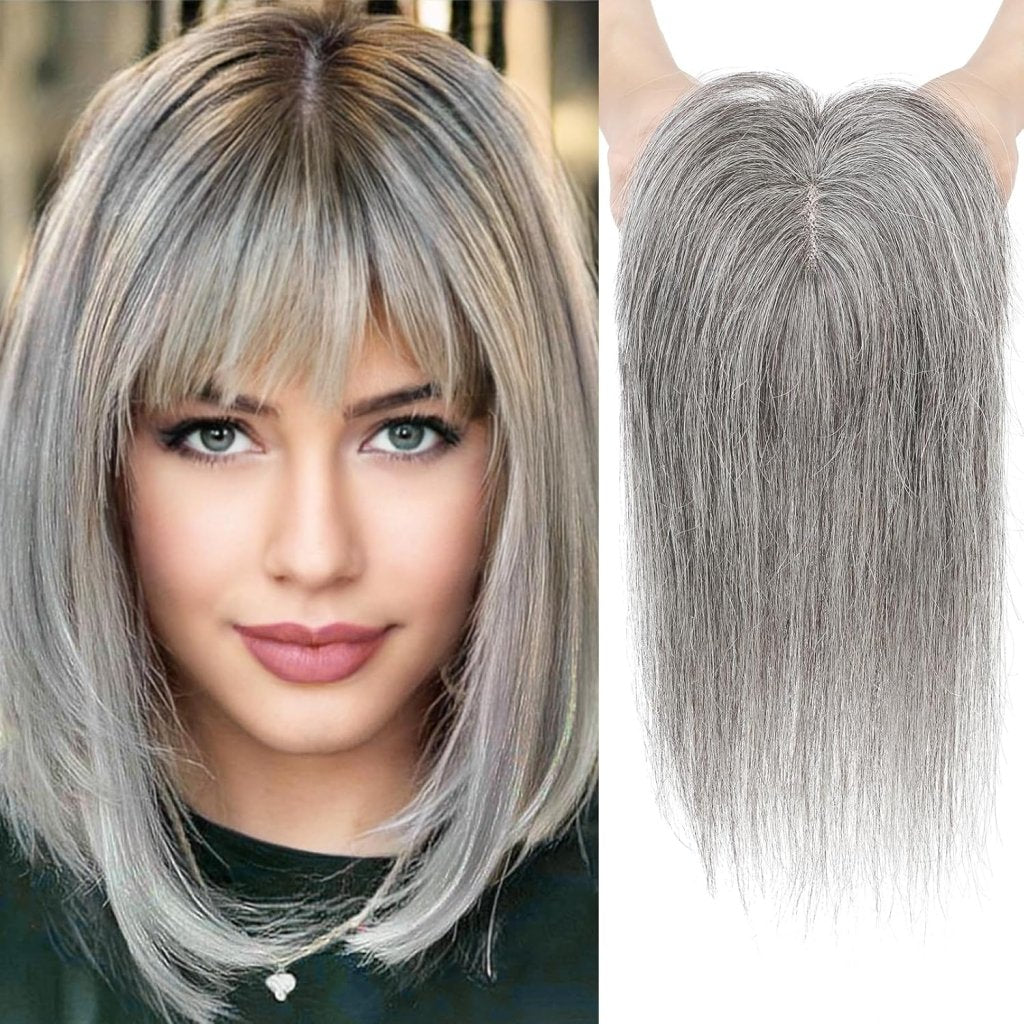 Hair Toppers Real Human Hair 10 inch with Bangs for Women Thinning Hair Dark Grey