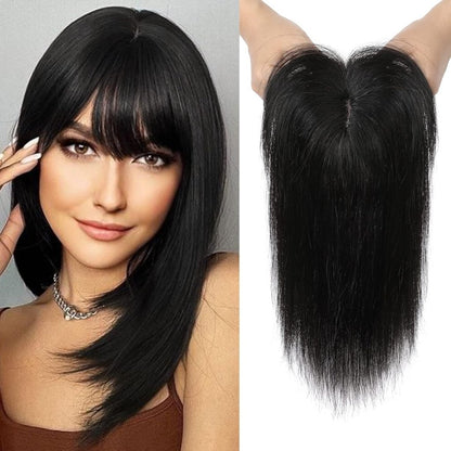 Hair Toppers Real Human Hair 10 inch with Bangs for Women Thinning Hair Dark Grey