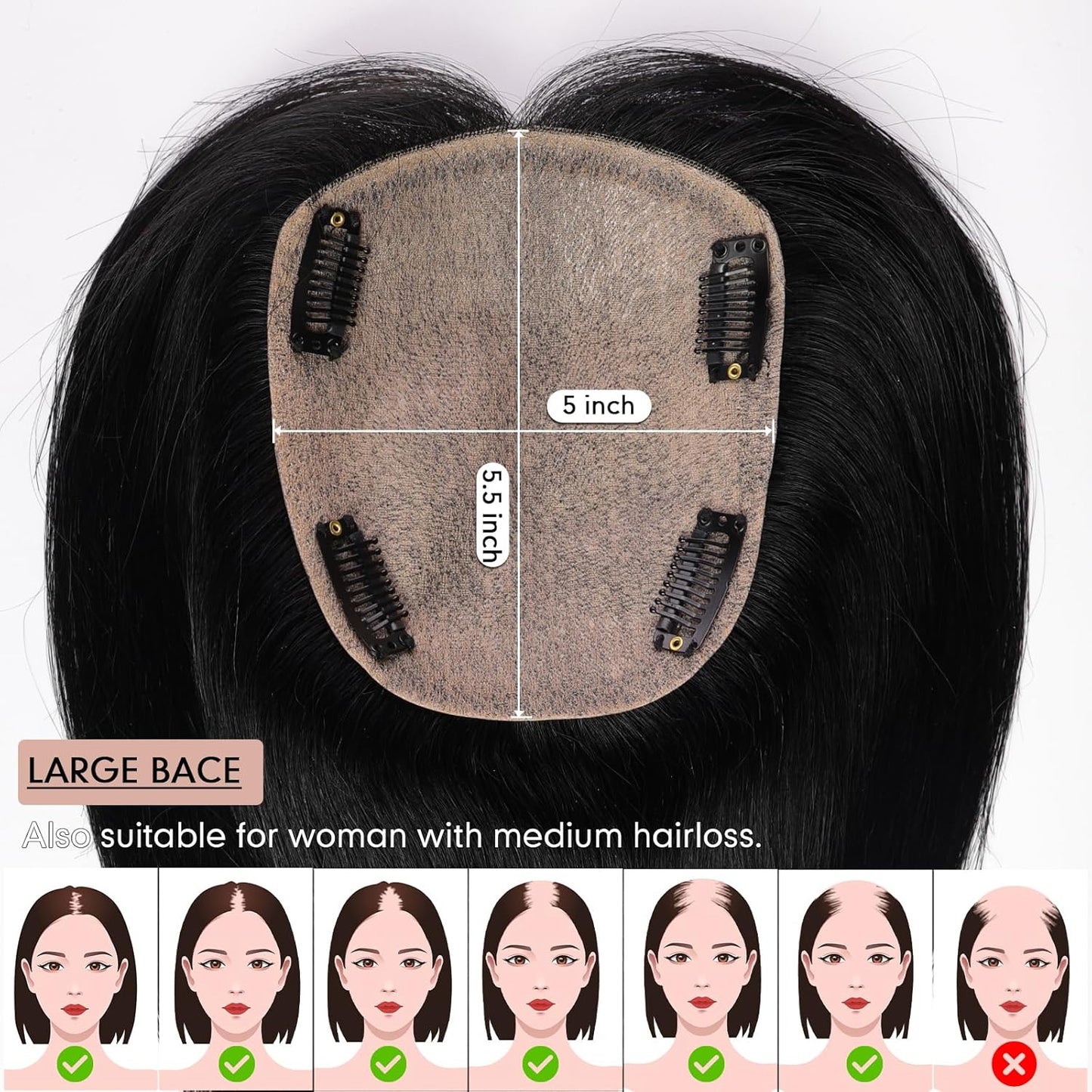 Hair Toppers for Women Real Human Hair 5"*5.5"Large Coverage Brown with Blond Highlight Hair Topper No Bangs