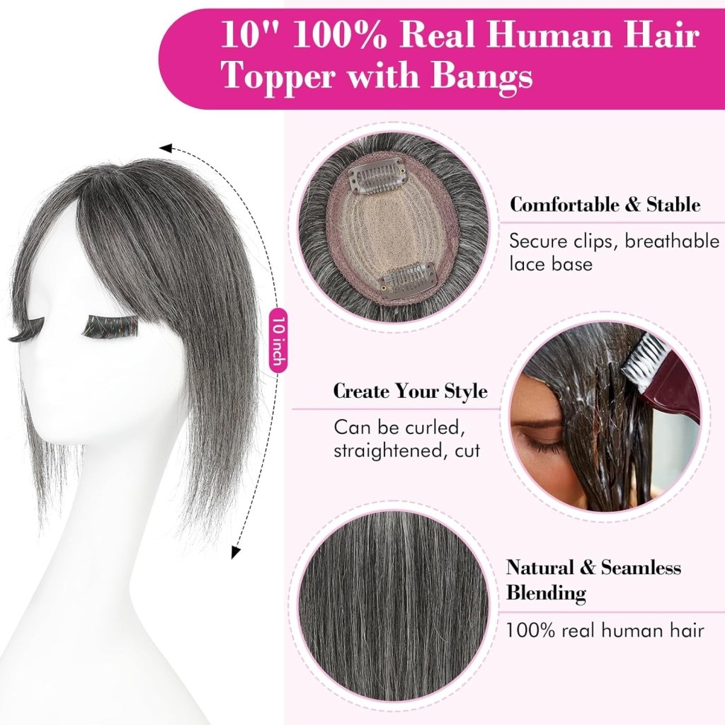 Hair Toppers Real Human Hair 10 inch with Bangs for Women Thinning Hair Dark Grey