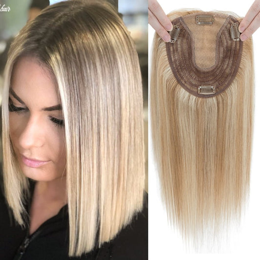 Human Hair Toppers For Women 100% Remy Topper With/Without Bangs 13*15CM Silk Base Clip In Topper 14inch - Blonde