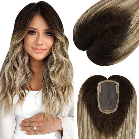 3*5inch Hair Topper Remy Human Hair Balayage Brown With Blonde Wigs Hair Piece