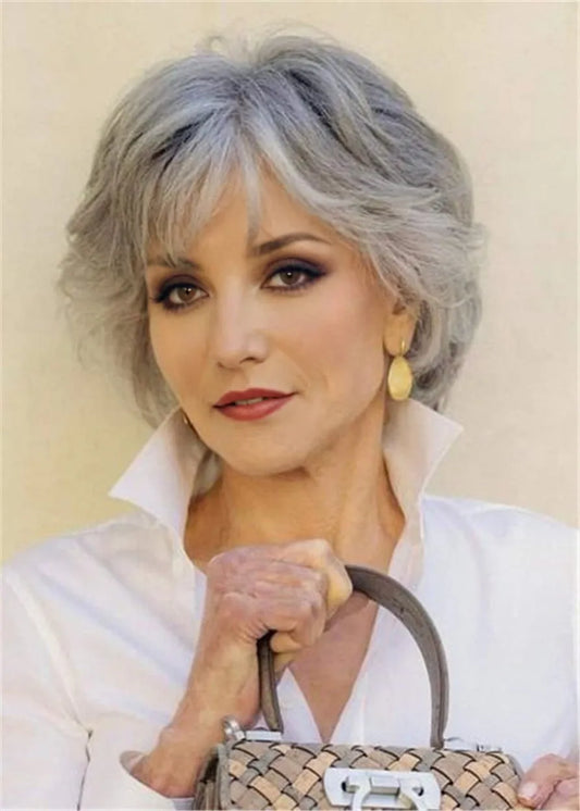 Silver Gray Bob Hairstyle Natural Wavy Human Hair Wig 12 Inches