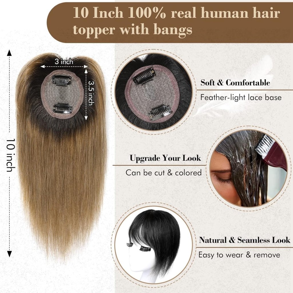 Hair Toppers Real Human Hair 10 inch with Bangs for Women Thinning Hair Dark Grey