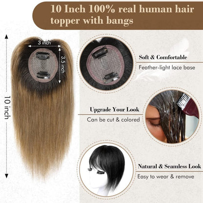 Hair Toppers Real Human Hair 10 inch with Bangs for Women Thinning Hair Dark Grey