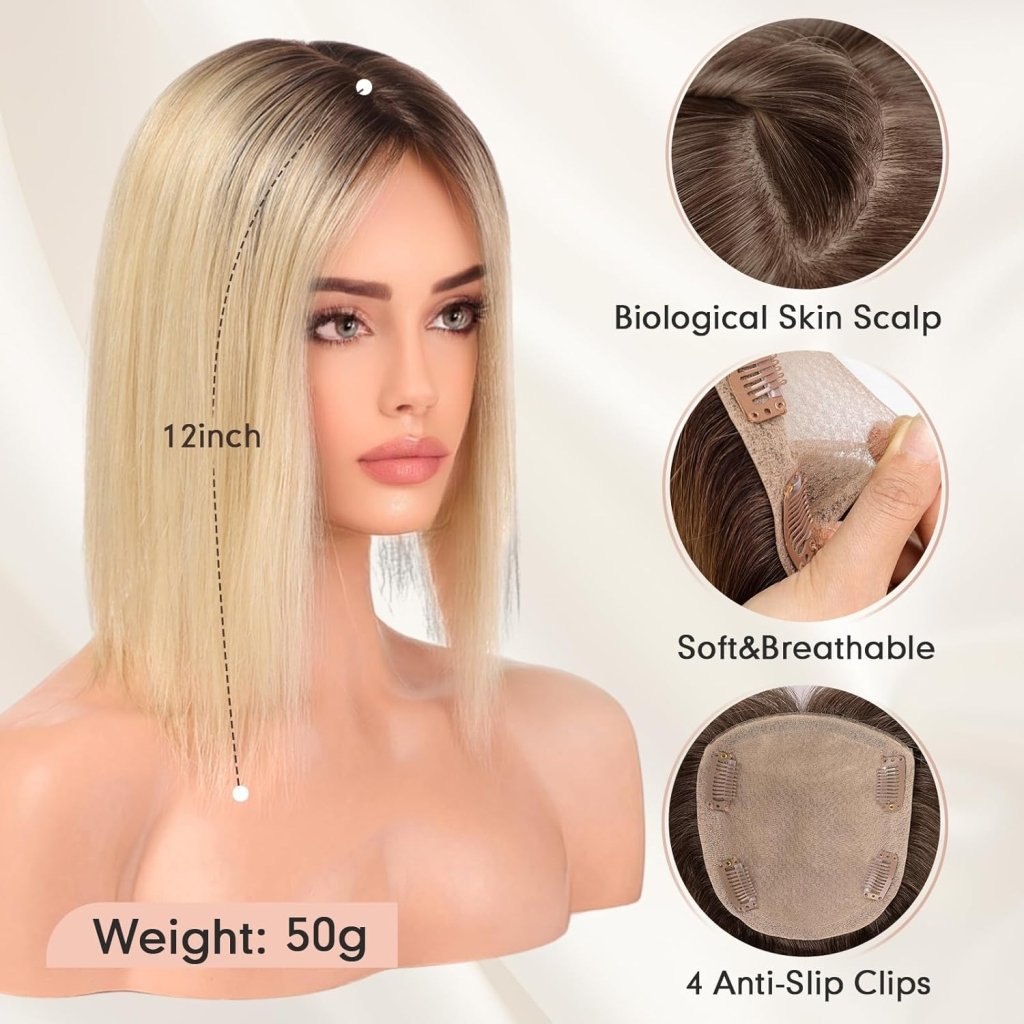 Hair Toppers for Women Real Human Hair 5"*5.5"Large Coverage Brown with Blond Highlight Hair Topper No Bangs