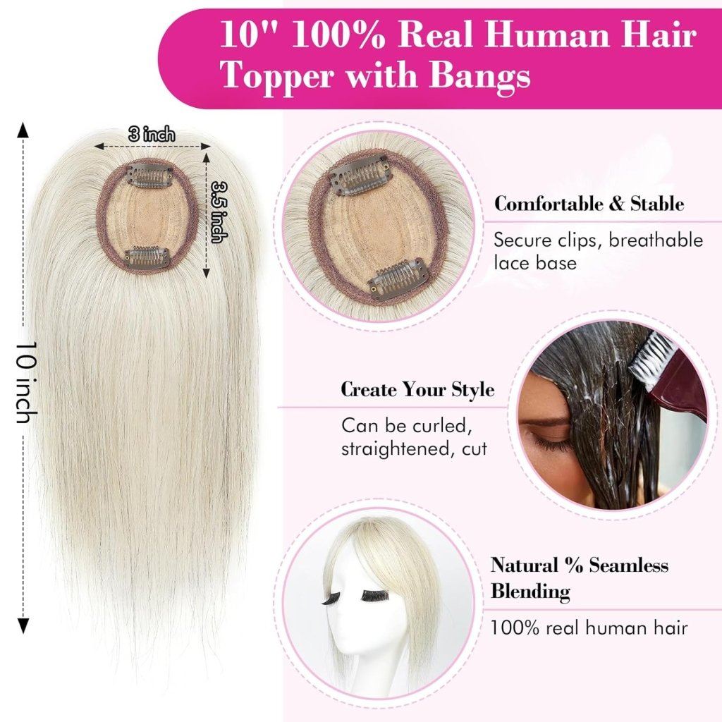 Hair Toppers Real Human Hair 10 inch with Bangs for Women Thinning Hair Dark Grey