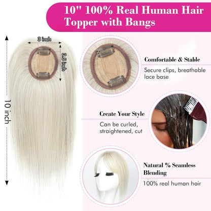 Hair Toppers Real Human Hair 10 inch with Bangs for Women Thinning Hair Dark Grey