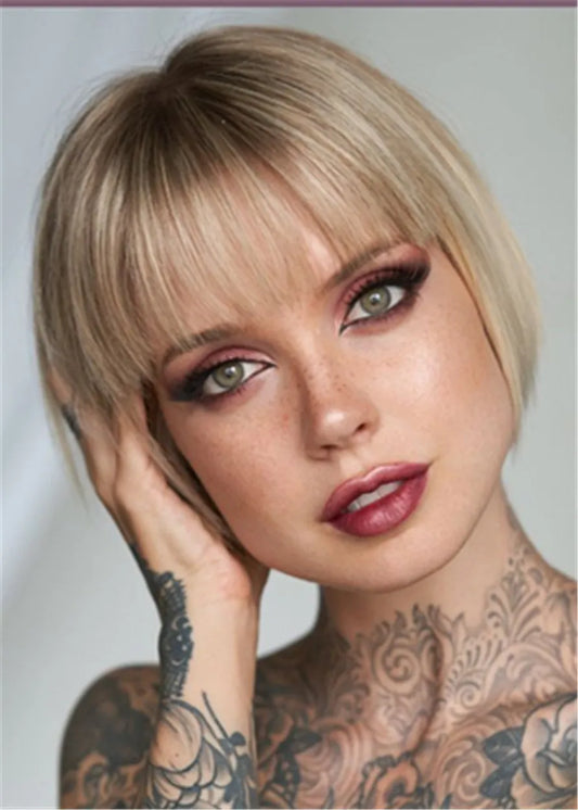 Short Bob Human Hair Natural Straight With Bangs Women Wigs 10 Inches