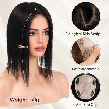 Hair Toppers for Women Real Human Hair 5"*5.5"Large Coverage Brown with Blond Highlight Hair Topper No Bangs