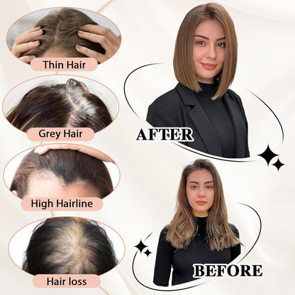Hair Toppers for Women Real Human Hair 5"*5.5"Large Coverage Brown with Blond Highlight Hair Topper No Bangs