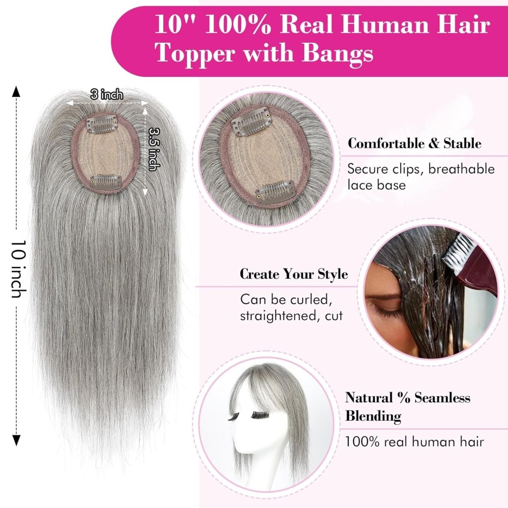 Hair Toppers Real Human Hair 10 inch with Bangs for Women Thinning Hair Dark Grey