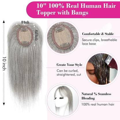 Hair Toppers Real Human Hair 10 inch with Bangs for Women Thinning Hair Dark Grey