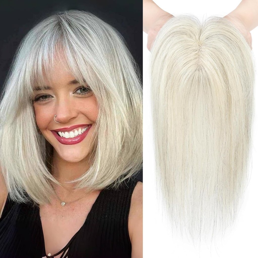 Hair Toppers Real Human Hair 10 inch with Bangs for Women Thinning Hair Dark Grey
