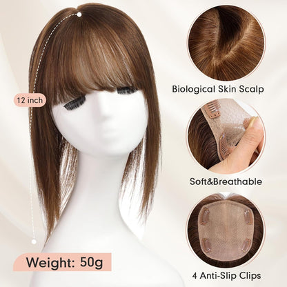 Hair Toppers for Women Real Human Hair 5"*5.5"Large Coverage Brown with Blond Highlight Hair Topper No Bangs