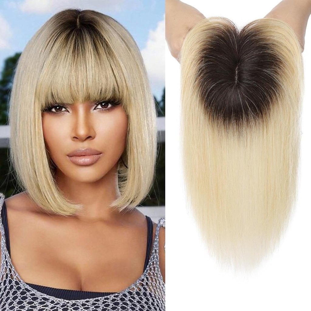 Hair Toppers Real Human Hair 10 inch with Bangs for Women Thinning Hair Dark Grey