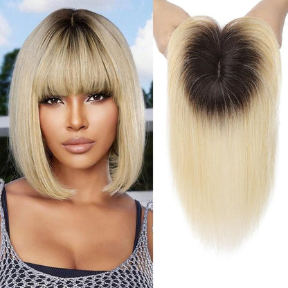 Hair Toppers Real Human Hair 10 inch with Bangs for Women Thinning Hair Dark Grey