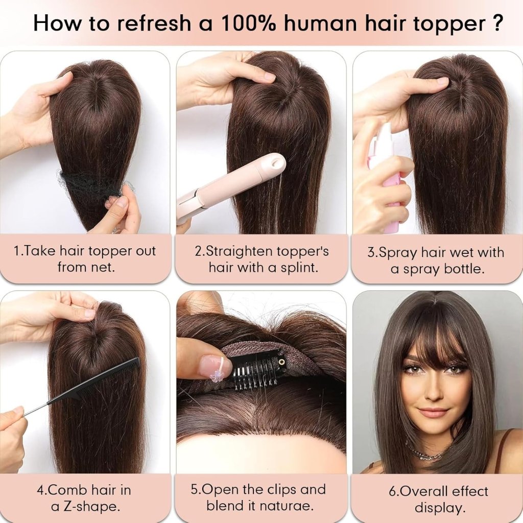 Hair Toppers for Women Real Human Hair 5"*5.5"Large Coverage Brown with Blond Highlight Hair Topper No Bangs