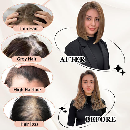 Hair Toppers for Women Real Human Hair 5"*5.5"Large Coverage Brown with Blond Highlight Hair Topper No Bangs