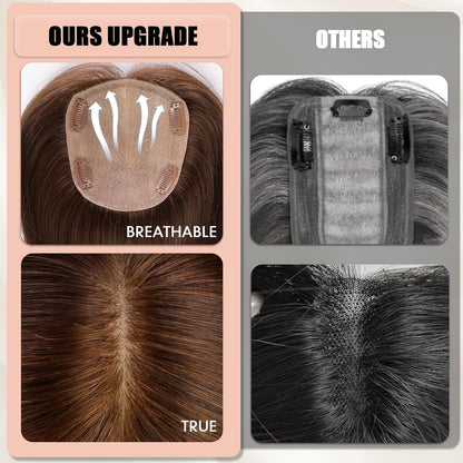 Hair Toppers for Women Real Human Hair 5"*5.5"Large Coverage Brown with Blond Highlight Hair Topper No Bangs