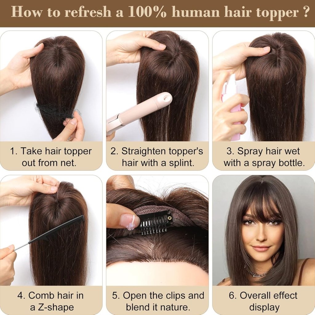 Hair Toppers Real Human Hair 10 inch with Bangs for Women Thinning Hair Dark Grey