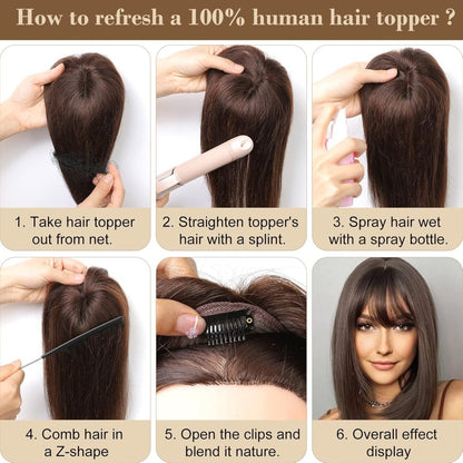 Hair Toppers Real Human Hair 10 inch with Bangs for Women Thinning Hair Dark Grey