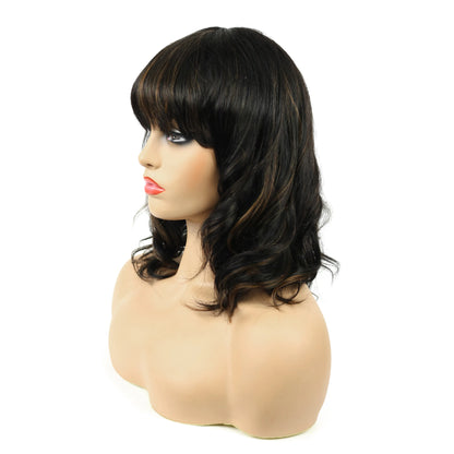 Beautiful Medium Natural Straight Mixed Dark Brown 100% Human Hair Capless Wig 14 Inches