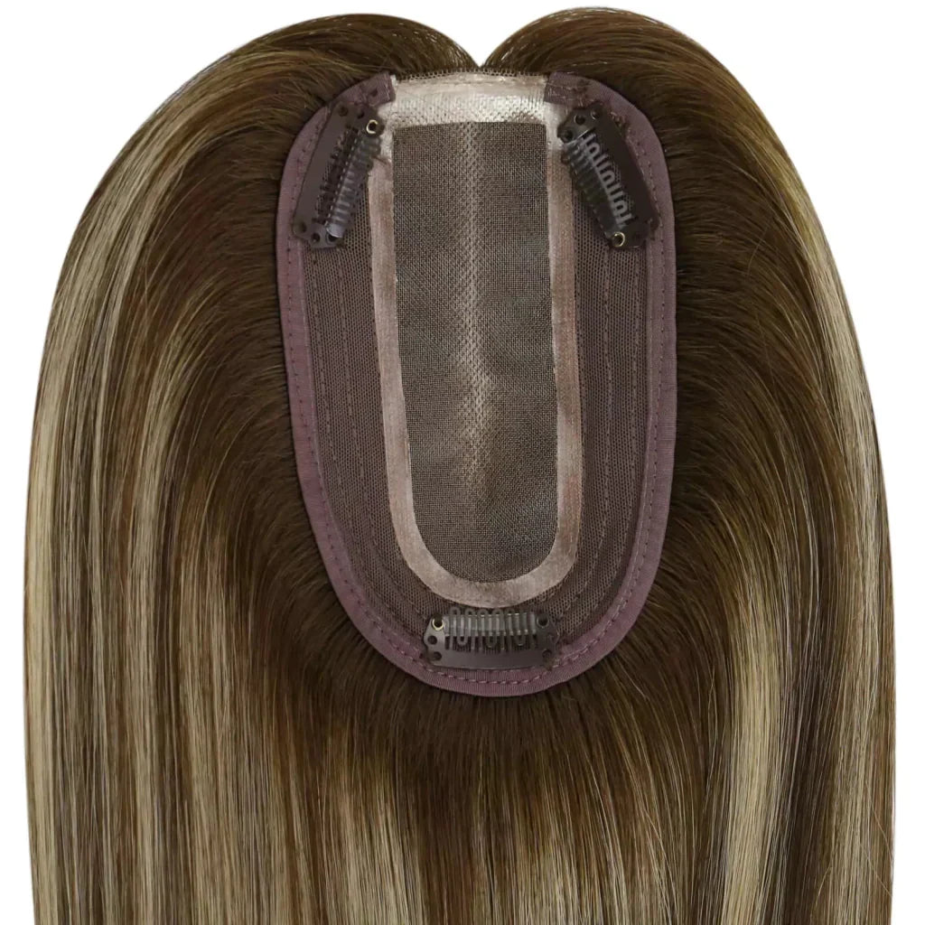Virgin Hair Topper Medium Base Balayage Brown Mixed Blonde Wigs Hair Piece