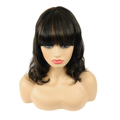 Beautiful Medium Natural Straight Mixed Dark Brown 100% Human Hair Capless Wig 14 Inches