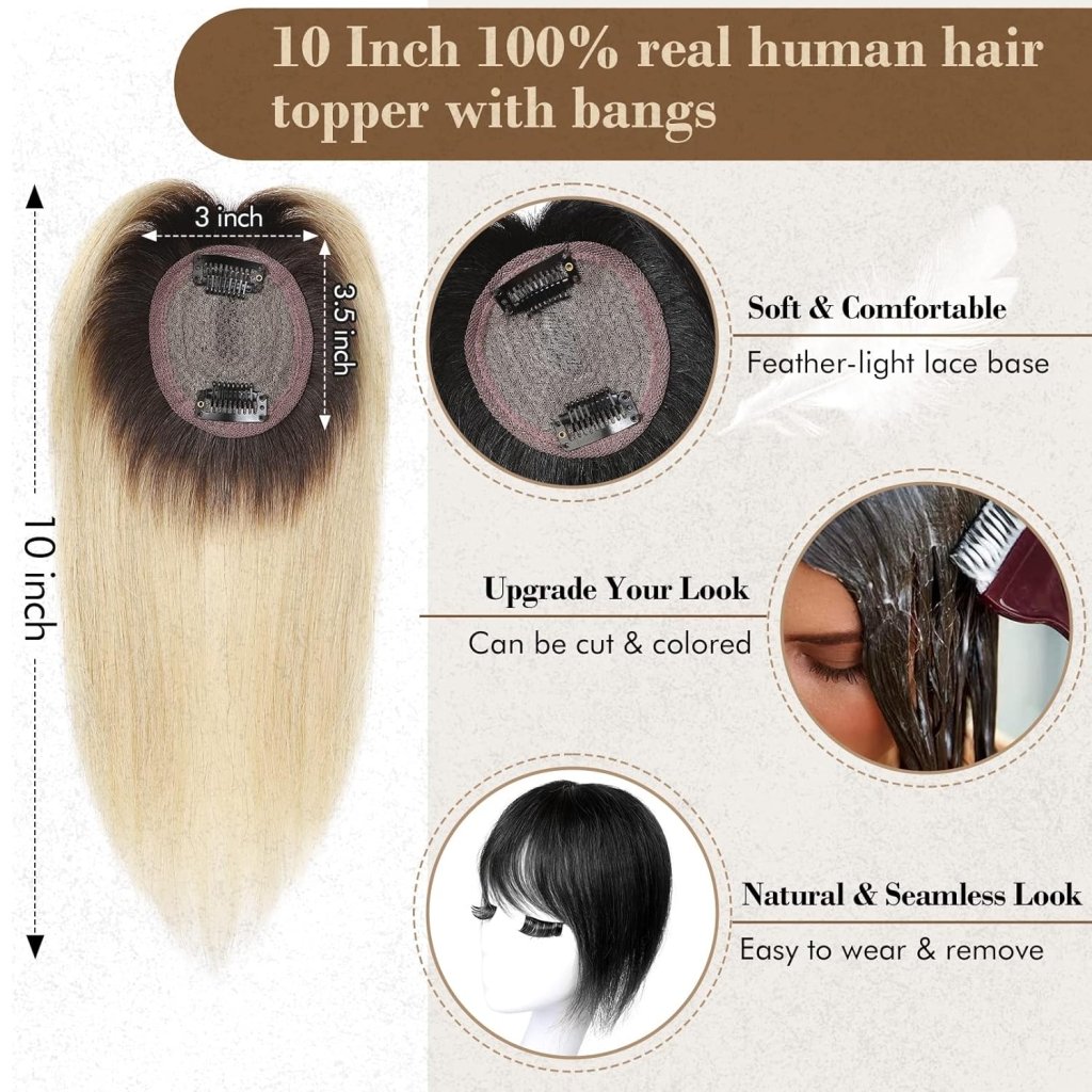 Hair Toppers Real Human Hair 10 inch with Bangs for Women Thinning Hair Dark Grey