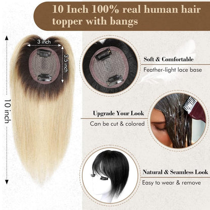 Hair Toppers Real Human Hair 10 inch with Bangs for Women Thinning Hair Dark Grey