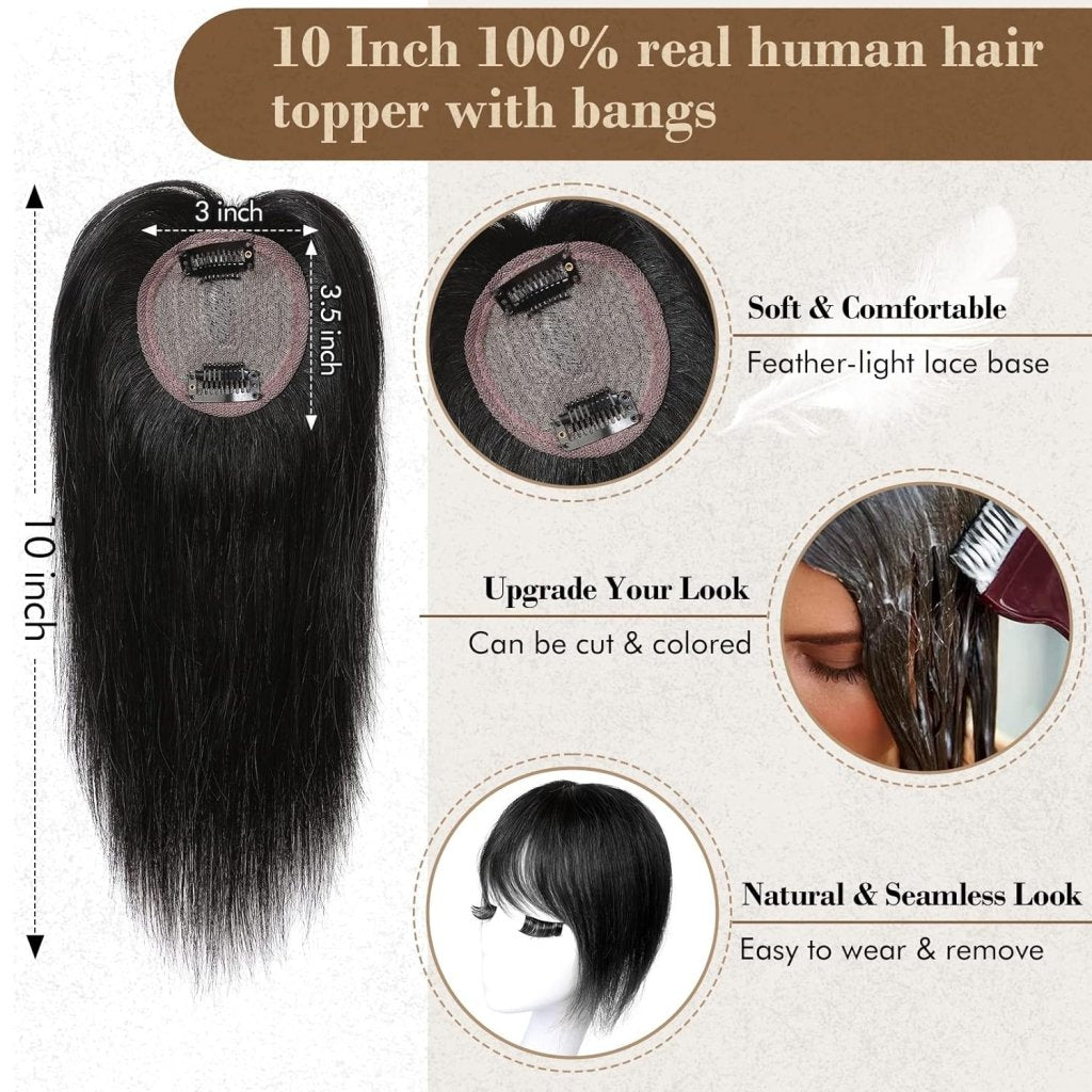 Hair Toppers Real Human Hair 10 inch with Bangs for Women Thinning Hair Dark Grey