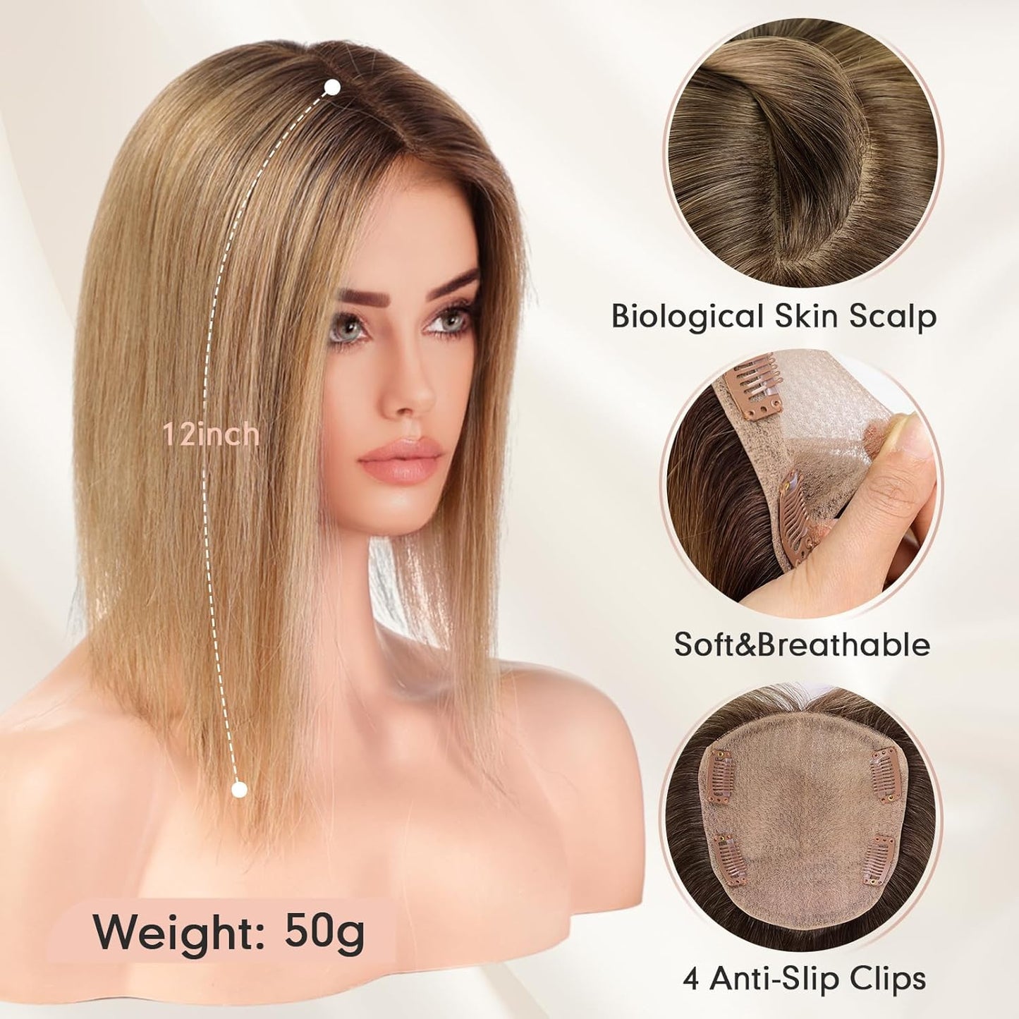 Hair Toppers for Women Real Human Hair 5"*5.5"Large Coverage Brown with Blond Highlight Hair Topper No Bangs