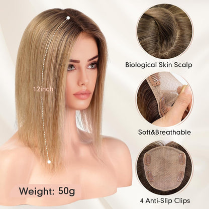 Hair Toppers for Women Real Human Hair 5"*5.5"Large Coverage Brown with Blond Highlight Hair Topper No Bangs