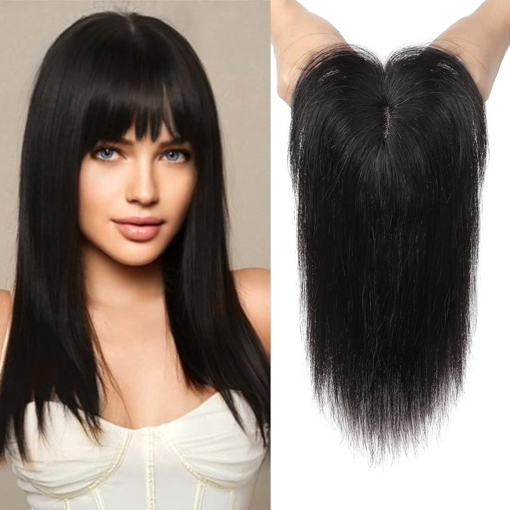 Hair Toppers Real Human Hair 10 inch with Bangs for Women Thinning Hair Dark Grey
