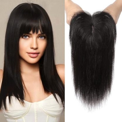 Hair Toppers Real Human Hair 10 inch with Bangs for Women Thinning Hair Dark Grey
