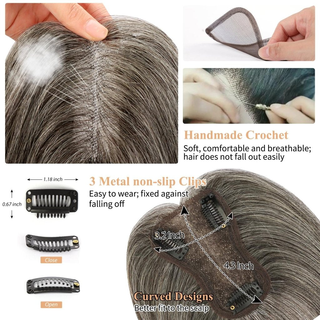 Hair Toppers for Women Real Human Hair Salt and Pepper Grey Human Hair Toppers 10 inch Dark Grey