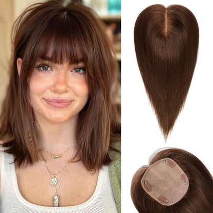 Hair Toppers for Women Real Human Hair 5"*5.5"Large Coverage Brown with Blond Highlight Hair Topper No Bangs