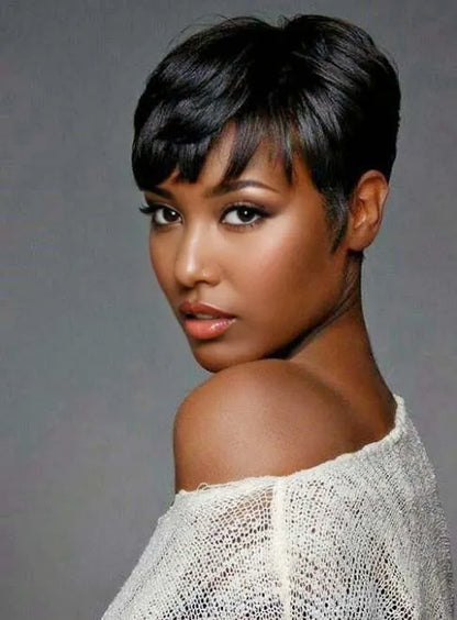 African American Pixie Short Straight Human Hair Capless Wigs