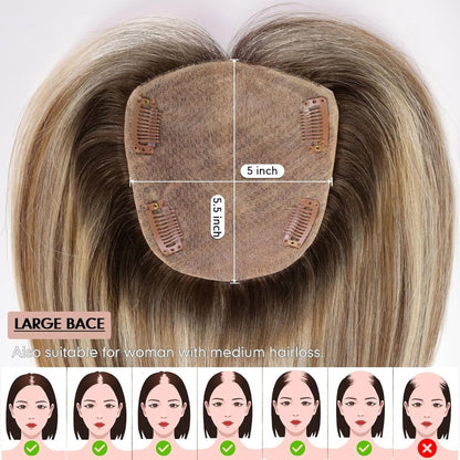 Hair Toppers for Women Real Human Hair 5"*5.5"Large Coverage Brown with Blond Highlight Hair Topper No Bangs