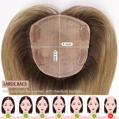 Hair Toppers for Women Real Human Hair 5"*5.5"Large Coverage Brown with Blond Highlight Hair Topper No Bangs