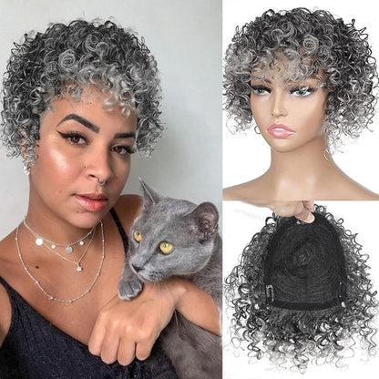 Afro Curly Hair Topper Silver Grey Human Hair Wigs for Women Hairpieces Toppers Pieces