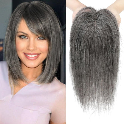 Hair Toppers Real Human Hair 10 inch with Bangs for Women Thinning Hair Dark Grey