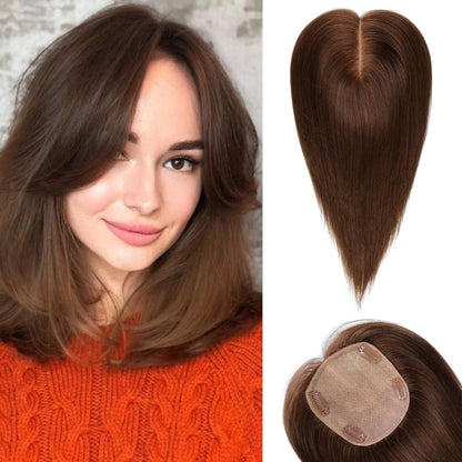 Hair Toppers for Women Real Human Hair 5"*5.5"Large Coverage Brown with Blond Highlight Hair Topper No Bangs