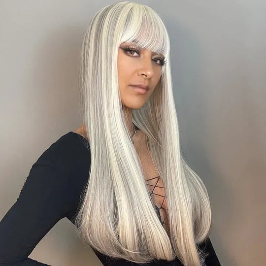 Silvery White Long Hairstyle Natural Straight Synthetic Hair With Bangs 28 Inches
