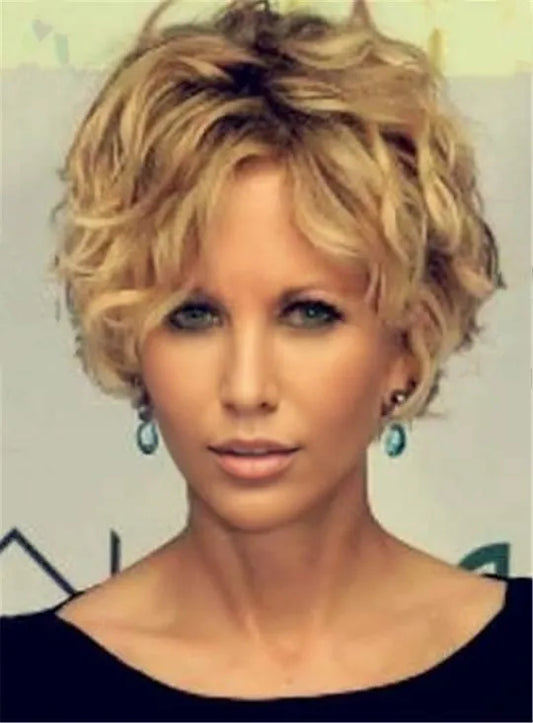 Short Blonde Wavy Layered Lace Front Synthetic Hair Wig 8 Inches